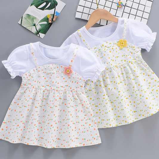 Girls Dress 2024 Summer New Short Sleeve Thin Western Style Baby Girl Fake Two-piece Strap Floral Skirt