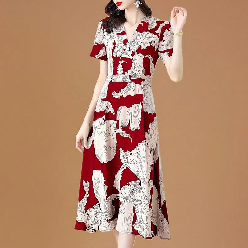 مجموعة اروين التجارية ARWEN&AJH GROUP  2024 European V-Neck Elegant Printed Women's Dress 2023 Summer New Slimming Age-reducing Mid-length Floral Short-sleeved Dress