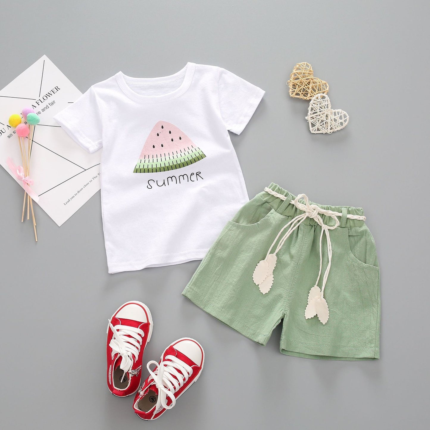 مجموعة اروين   ARWEN & AJH GROUP Summer Foreign Trade New Girls Crew Neck Short Sleeve Suit Female Baby Casual Shorts Two-piece set