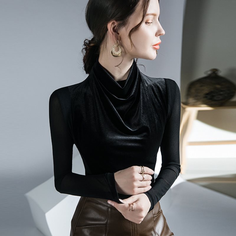 2024 مجموعة أروين التجارية ARWEN&AJH GROUP Velvet Black Long Sleeve Autumn And Winter New Bottoming Shirt Women's Inner European Stitching Top