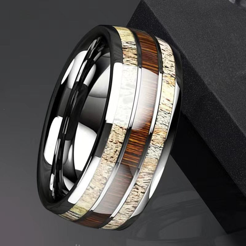 High-end Trendy Men's Fashionable Domineering Stainless Steel Men's Marble + Wood Grain Ring Korean Style Men's Ring Supply