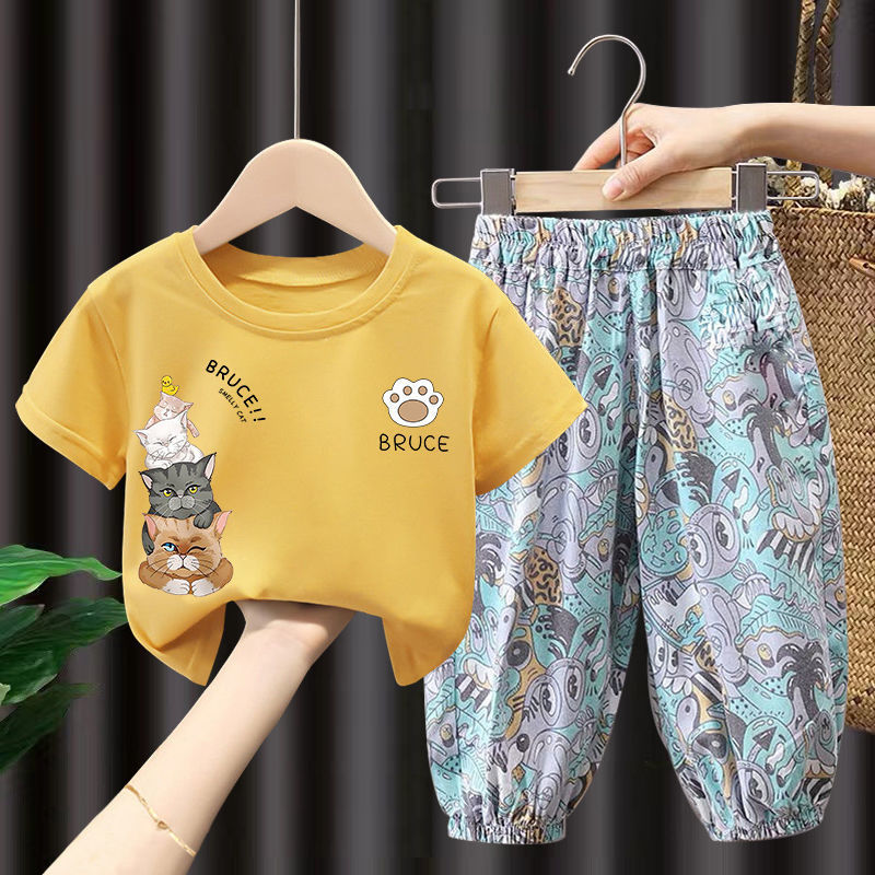 مجموعة اروين arwen&ajh group Girls' Suit 2024 Summer New Short-sleeved Children's Western Style Mosquito-proof Trousers Boys' Fashionable Two-piece Suit