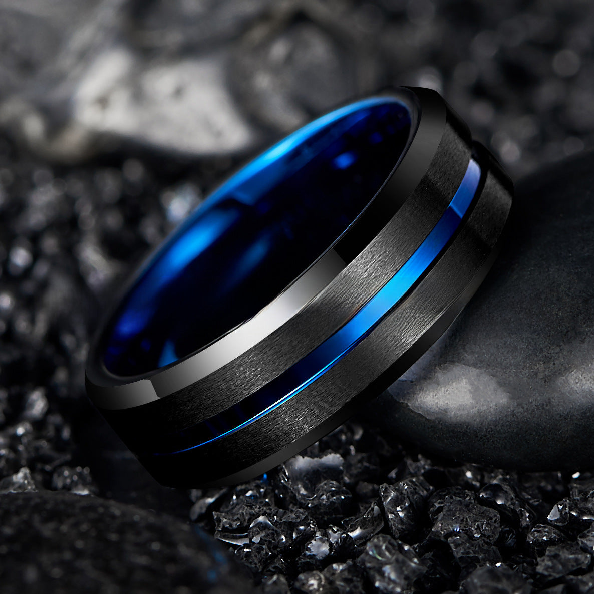 Men's Tungsten Steel Ring In Stock One-piece Delivery 8mm Wide Vacuum Electroplating Black Blue Two-color Tungsten Steel Ring Us Size