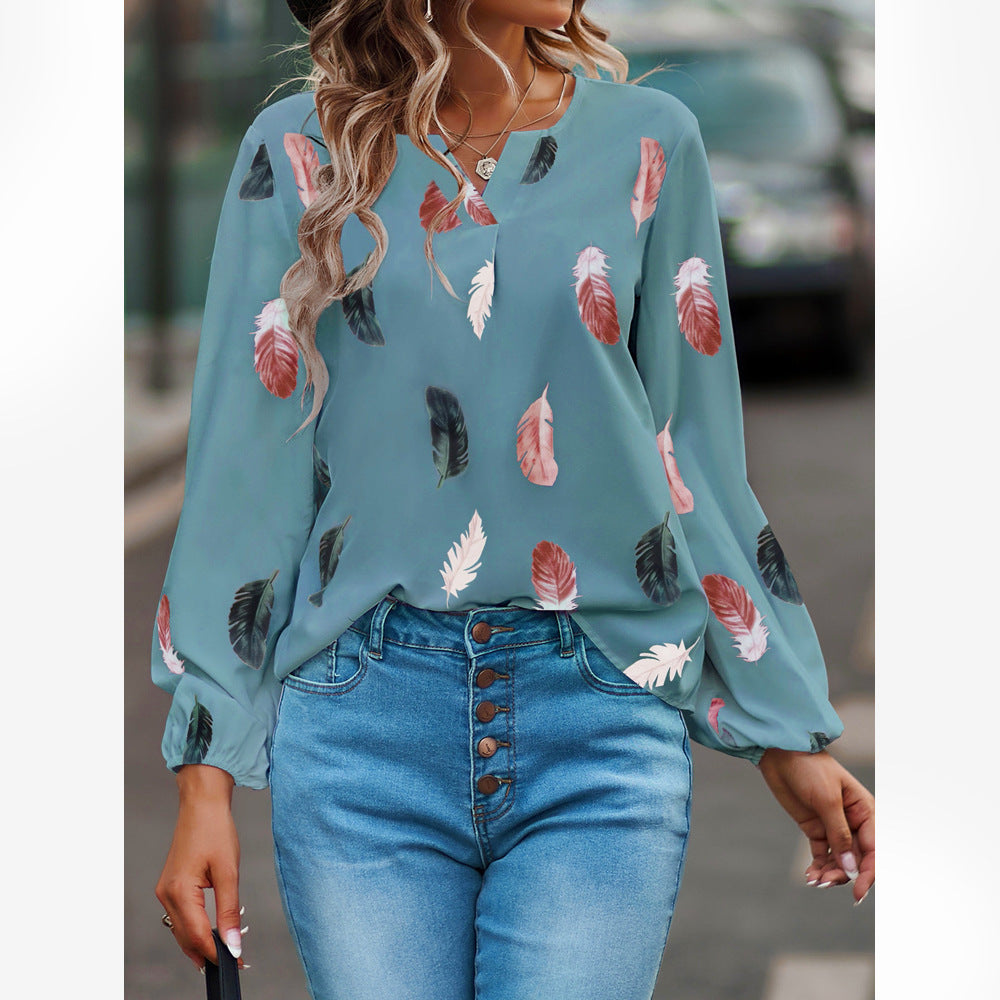 مجموعة اروين التجارية arwen&ajh group New Cross-border Amazon European And American Women&  V-neck Feather Printing Long Sleeve Loose T-shirt Women  Top