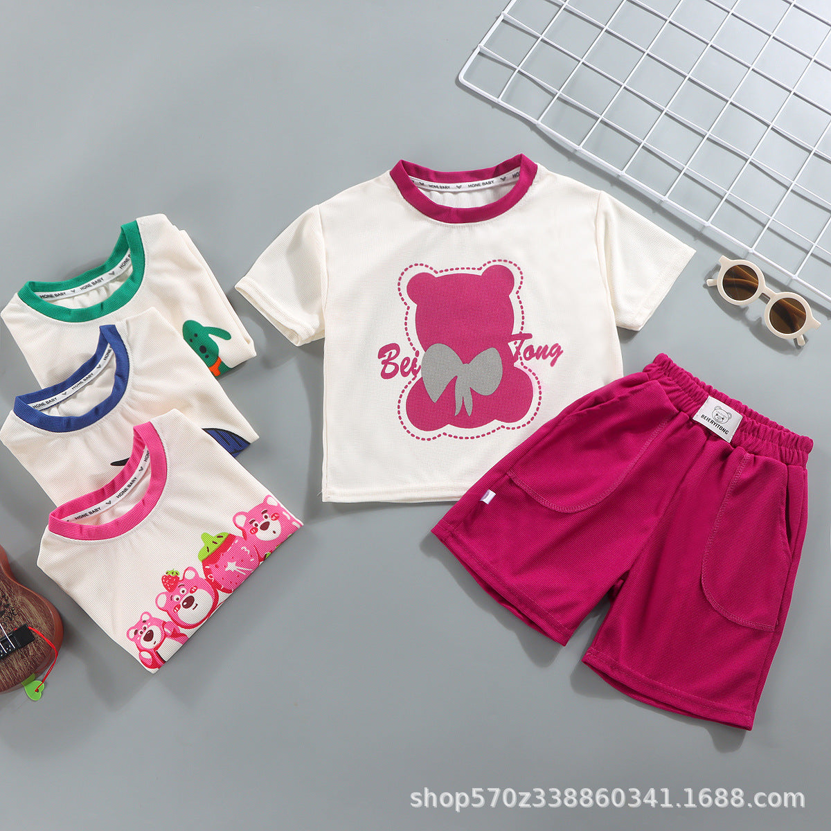 مجموعة اروين arwen&ajh group  2024 New Children's Clothing Summer Children's Suit Casual Loose Clothes Boys And Girls Waffle Short Sleeve Summer Wholesale