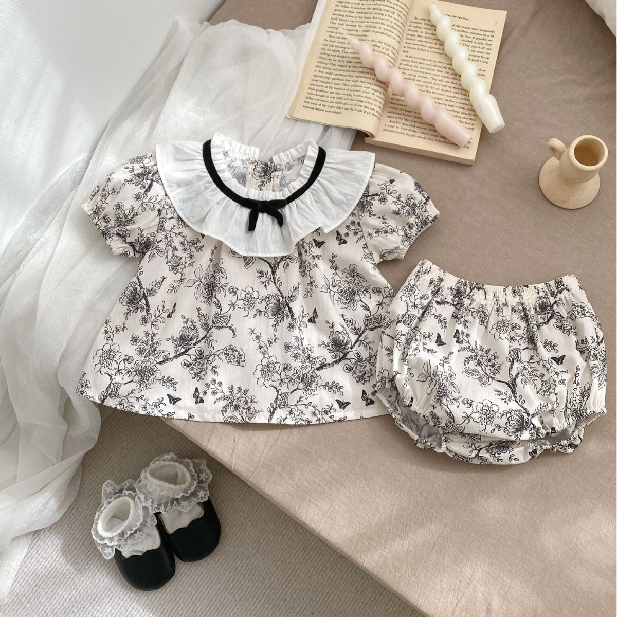 مجموعة اروين   ARWEN & AJH GROUP 2024 Summer New Female Baby Chinese Ink Floral Two-piece Lapel Short-sleeved Shirt + Bag Fart Pants Suit