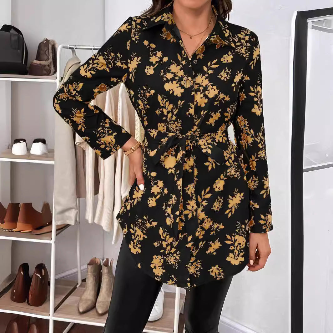 مجموعة اروين التجارية arwen&ajh group   New Elegant Women& Floral Print Belt Long-sleeved Shirt For Autumn And Winter