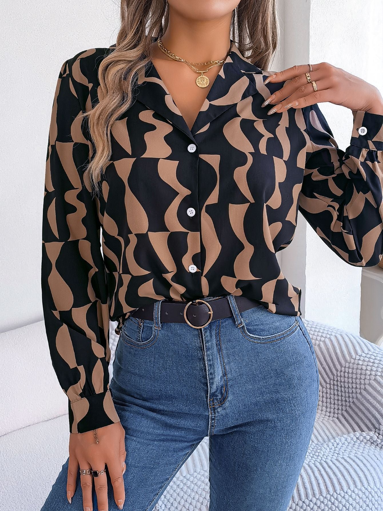 مجموعة اروين التجارية arwen&ajh group  T-shirt Women&Top  Spring And Summer Commuter Temperament Color Contrast Striped Suit Collar Long Sleeve Shirt Women& Clothing