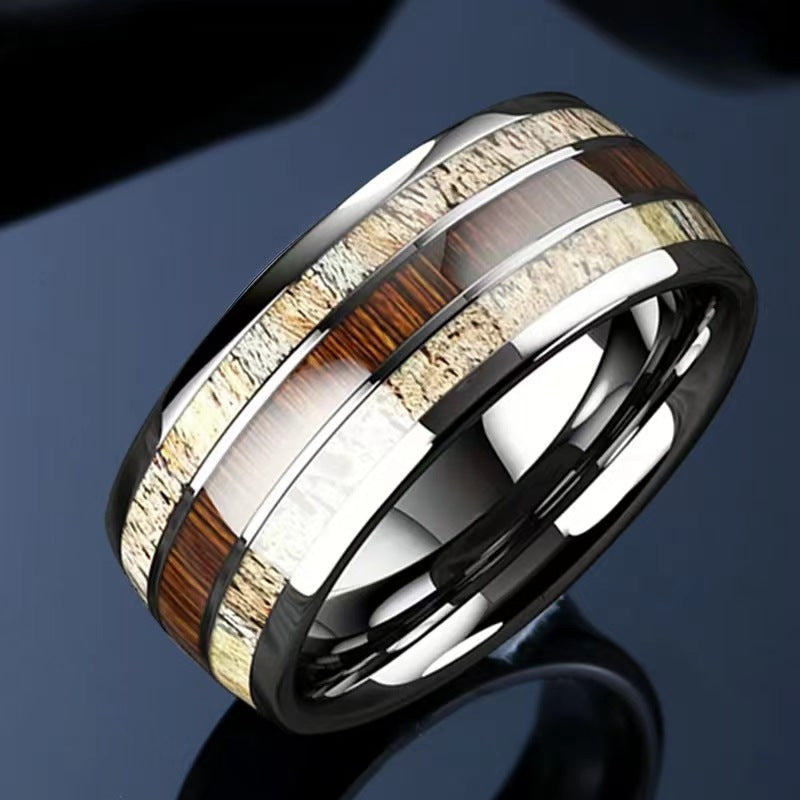 High-end Trendy Men's Fashionable Domineering Stainless Steel Men's Marble + Wood Grain Ring Korean Style Men's Ring Supply