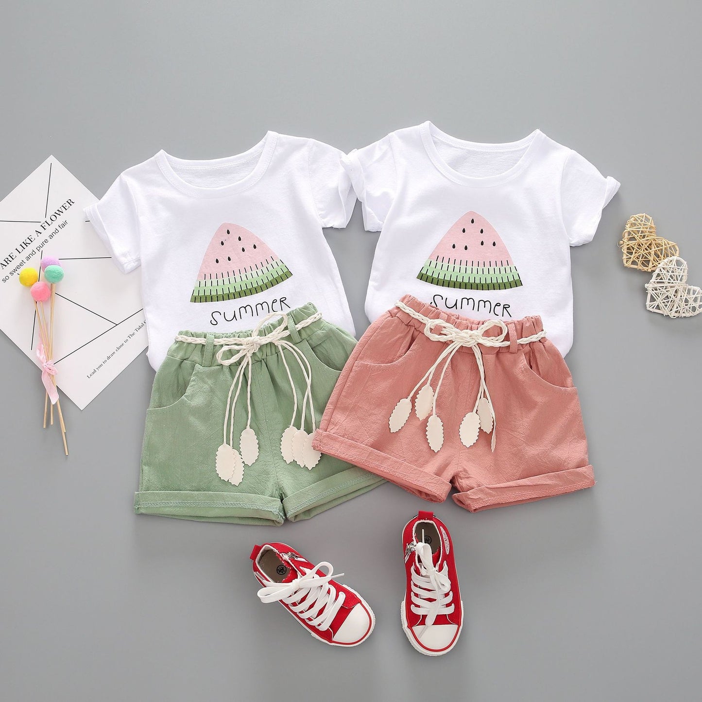 مجموعة اروين   ARWEN & AJH GROUP Summer Foreign Trade New Girls Crew Neck Short Sleeve Suit Female Baby Casual Shorts Two-piece set