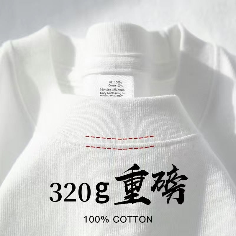 ARWEN& AJH GROUP 2024 New  مجموعة أروين  Solid Color 320g Heavy T-shirt Men's Summer Loose Cotton Youth Pure White Couple Inner Top Bottoming Shirt