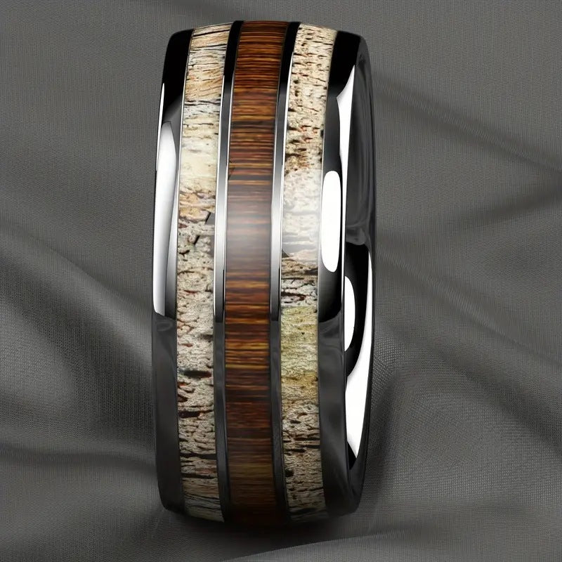 High-end Trendy Men's Fashionable Domineering Stainless Steel Men's Marble + Wood Grain Ring Korean Style Men's Ring Supply