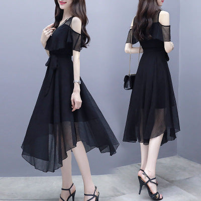 مجموعة اروين التجارية ARWEN&AJH GROUP  2024 European  2024 Summer Women's New Dress Women's Short-sleeved Irregular Black Slim Midi Dress