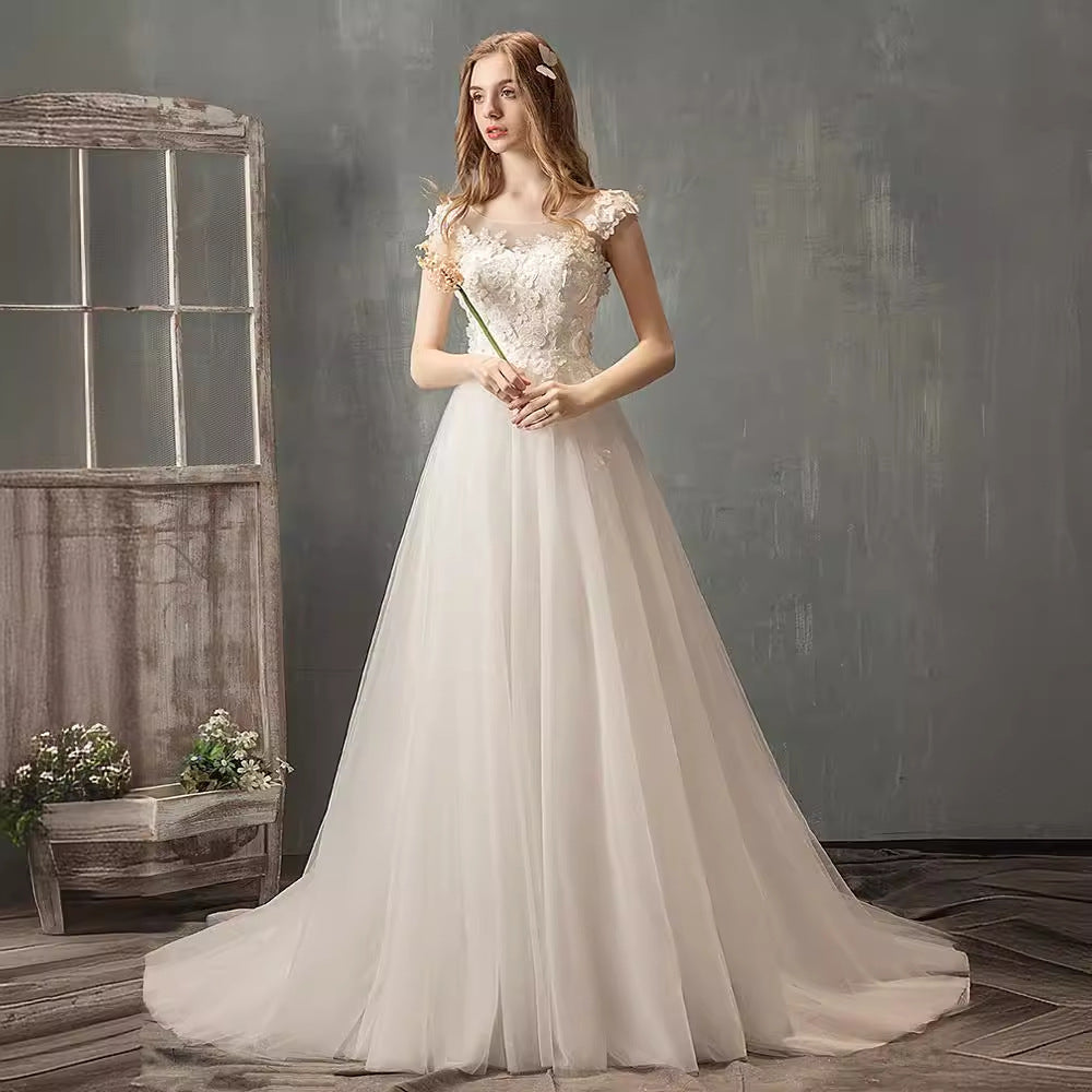 arwen&ajh مجموعة أروين التجارية Light Wedding Dress 2024 New Bride Fantasy French Flower Mori Style Dress Short Tail Super Fairy Simple