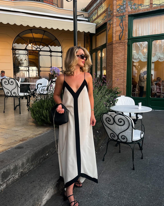 ARWEN&AJH GROUP مجموعة أروين 2024 Cross-border European And American Style Women's Summer New Lazy Vacation Style Temperament Contrast Color V Collar Thin Sling Dress