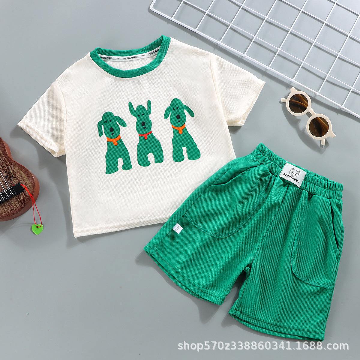 مجموعة اروين arwen&ajh group  2024 New Children's Clothing Summer Children's Suit Casual Loose Clothes Boys And Girls Waffle Short Sleeve Summer Wholesale