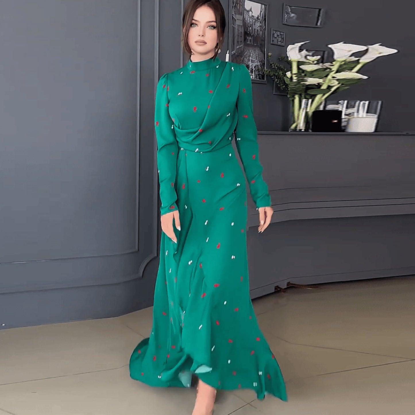 مجموعة اروين التجارية ARWEN&AJH GROUP  2024 European In Stock Middle East Arab Women's  Autumn New Fashionable Elegant Long Sleeve Slim Ruffled Dress Dress