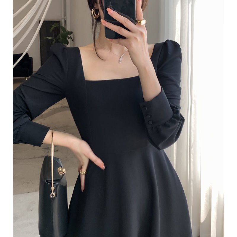 ARWEN&AJH GROUP مجموعة أروين 2024 French THepburn Style Small Black Dress Women's 2023 Spring And Autumn New Retro Square Neck Long Over-the-Knee Black Elegant Dress Long Dress