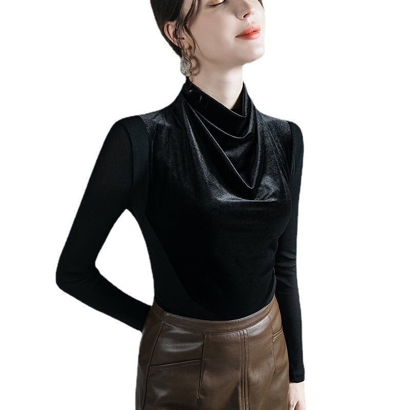 2024 مجموعة أروين التجارية ARWEN&AJH GROUP Velvet Black Long Sleeve Autumn And Winter New Bottoming Shirt Women's Inner European Stitching Top