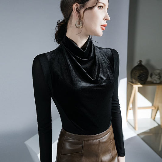 2024 مجموعة أروين التجارية ARWEN&AJH GROUP Velvet Black Long Sleeve Autumn And Winter New Bottoming Shirt Women's Inner European Stitching Top