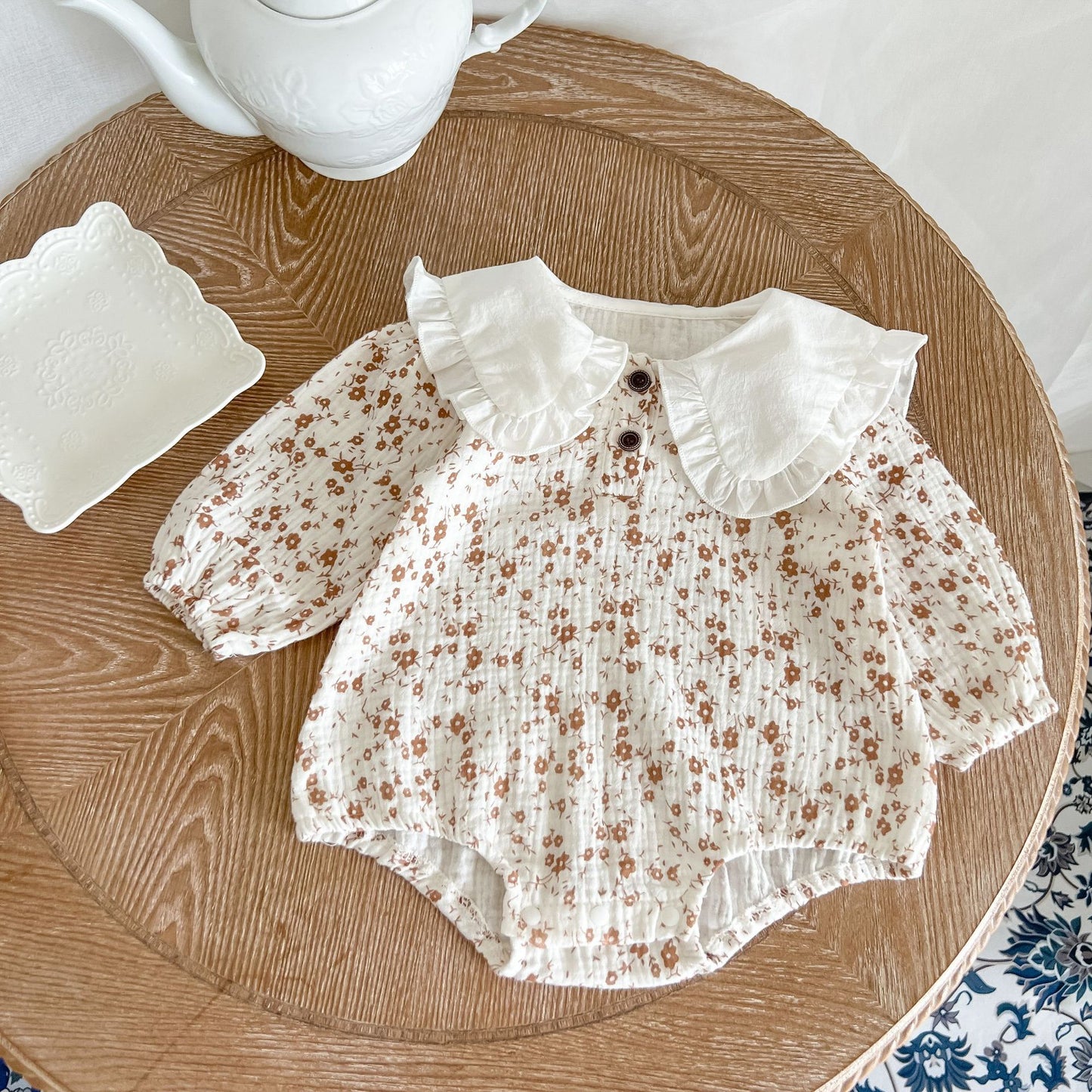 مجموعة اروين   ARWEN & AJH GROUP Western-style Baby Autumn Clothes Girls Cotton Double-layer Yarn Floral Wrapping Clothes Romper Baby Rompers Hundred-day Banquet Clothes