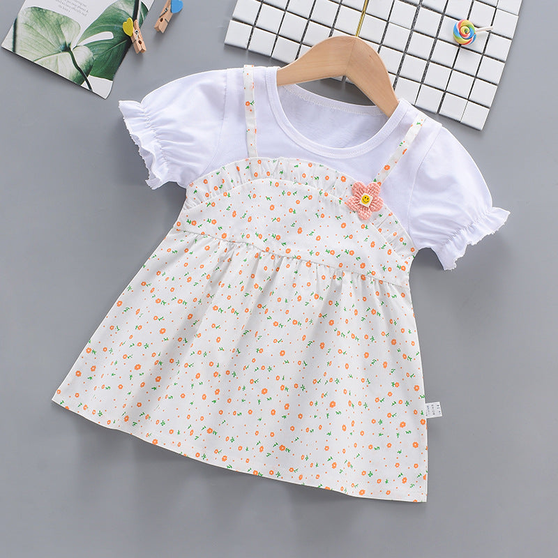 Girls Dress 2024 Summer New Short Sleeve Thin Western Style Baby Girl Fake Two-piece Strap Floral Skirt