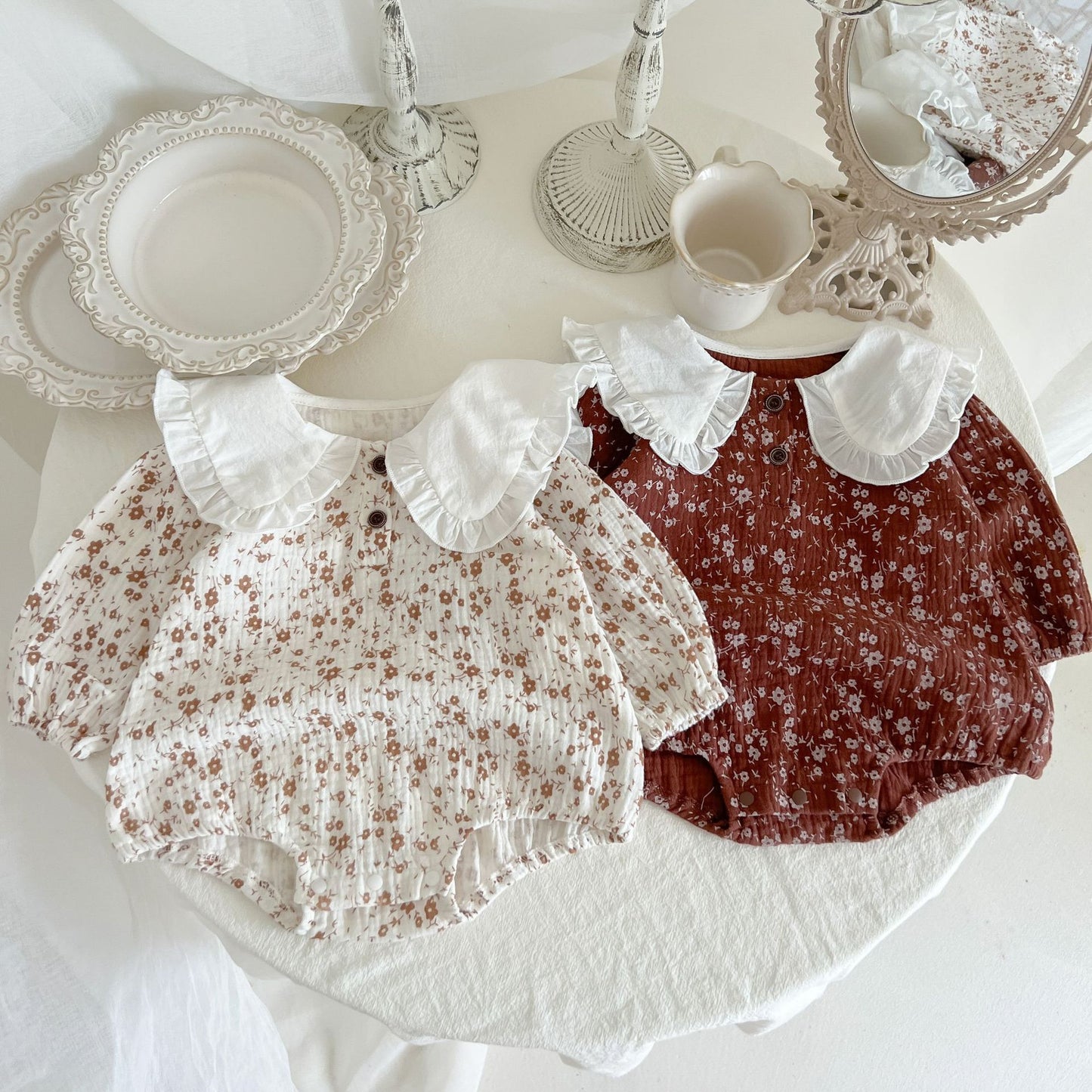 مجموعة اروين   ARWEN & AJH GROUP Western-style Baby Autumn Clothes Girls Cotton Double-layer Yarn Floral Wrapping Clothes Romper Baby Rompers Hundred-day Banquet Clothes