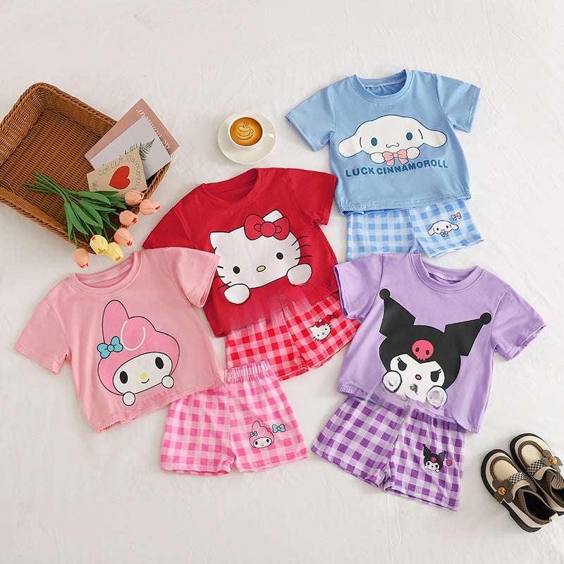 مجموعة اروين arwen&ajh group Summer New 2024 Girls Casual Cartoon Suit Baby Cute Loose T-shirt Plaid Shorts Suit