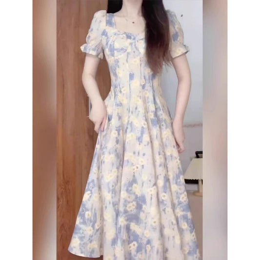 ARWEN&AJH GROUP مجموعة أروين 2024 Tea Break French Floral Dress Women's Summer 2024 New Style Slim-Fit Slimming Elegant Long Dress