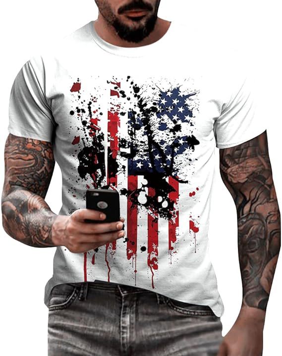 ARWEN& AJH GROUP 2024 New  مجموعة أروين   Spot Cross-border European And American Men's Wish  Ebay New US Independence Day Theme Printed Short Sleeve T-shirt