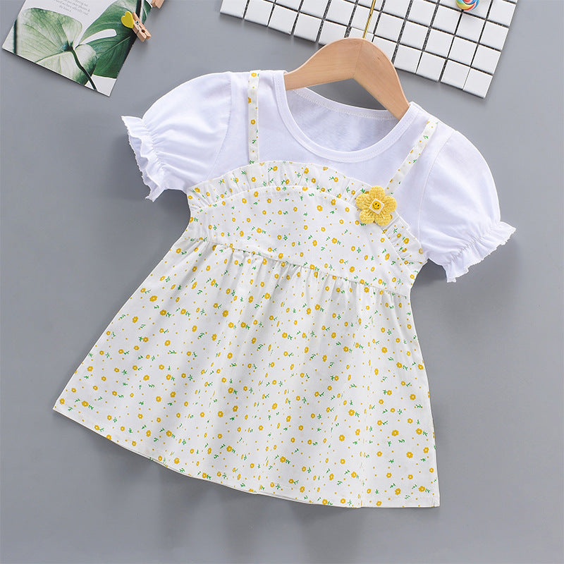 Girls Dress 2024 Summer New Short Sleeve Thin Western Style Baby Girl Fake Two-piece Strap Floral Skirt