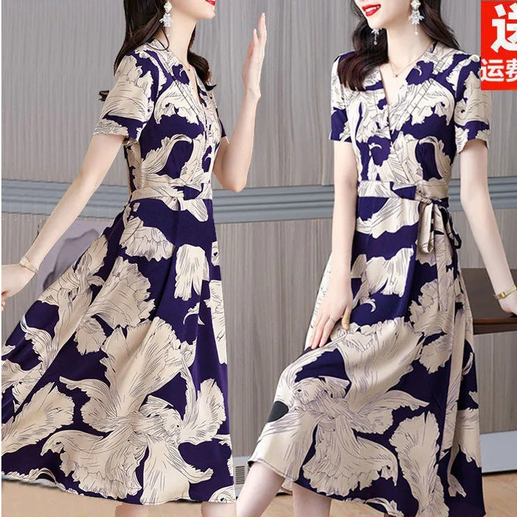 مجموعة اروين التجارية ARWEN&AJH GROUP  2024 European V-Neck Elegant Printed Women's Dress 2023 Summer New Slimming Age-reducing Mid-length Floral Short-sleeved Dress