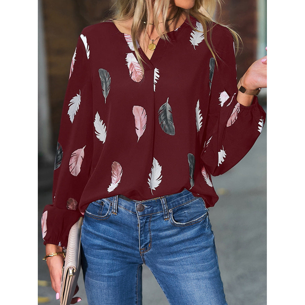 مجموعة اروين التجارية arwen&ajh group New Cross-border Amazon European And American Women&  V-neck Feather Printing Long Sleeve Loose T-shirt Women  Top