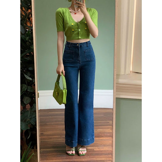 مجموعة اروين التجارية arwen&ajh group  Retro Slimming High Pocket Bootcut Jeans For Women Autumn And Summer 2021 New High Waist Flared Trousers