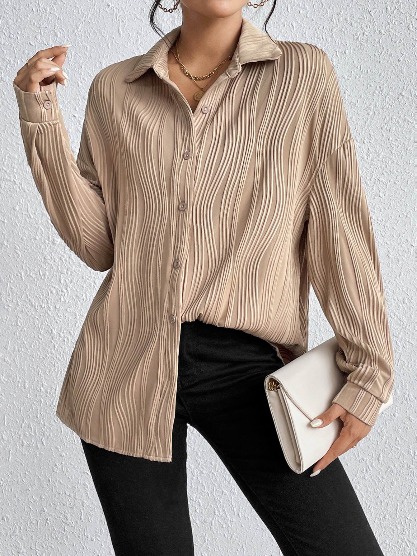 مجموعة اروين التجارية arwen&ajh group  Self-developed And Designed New European And American Amazon Independent Station Fold Collar Button Texture Shirt Women Clothing