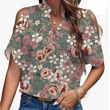 Women arwen&ajh مجموعة أروين التجارية 2024 2024 Summer New Printed V-neck Elegant Fashion Shoulder Sleeve Women arwen&ajh مجموعة أروين التجارية 2024 Top