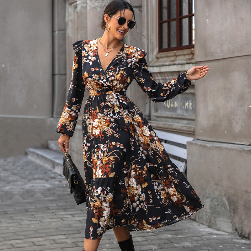 ARWEN&AJH GROUP مجموعة أروين 2024 New  Women&  Clothing European And American Printed Autumn Dress