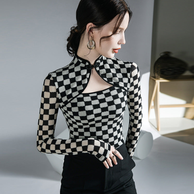 2024 مجموعة أروين التجارية ARWEN&AJH GROUP Design Buckle Top Autumn And Winter New Undershirt Printed Plaid Long Sleeve