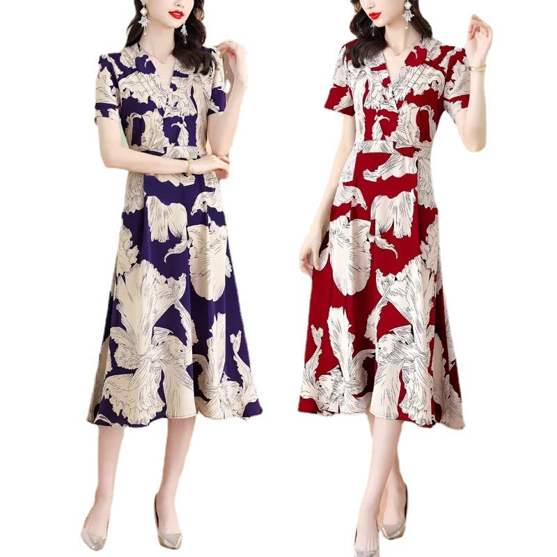 مجموعة اروين التجارية ARWEN&AJH GROUP  2024 European V-Neck Elegant Printed Women's Dress 2023 Summer New Slimming Age-reducing Mid-length Floral Short-sleeved Dress