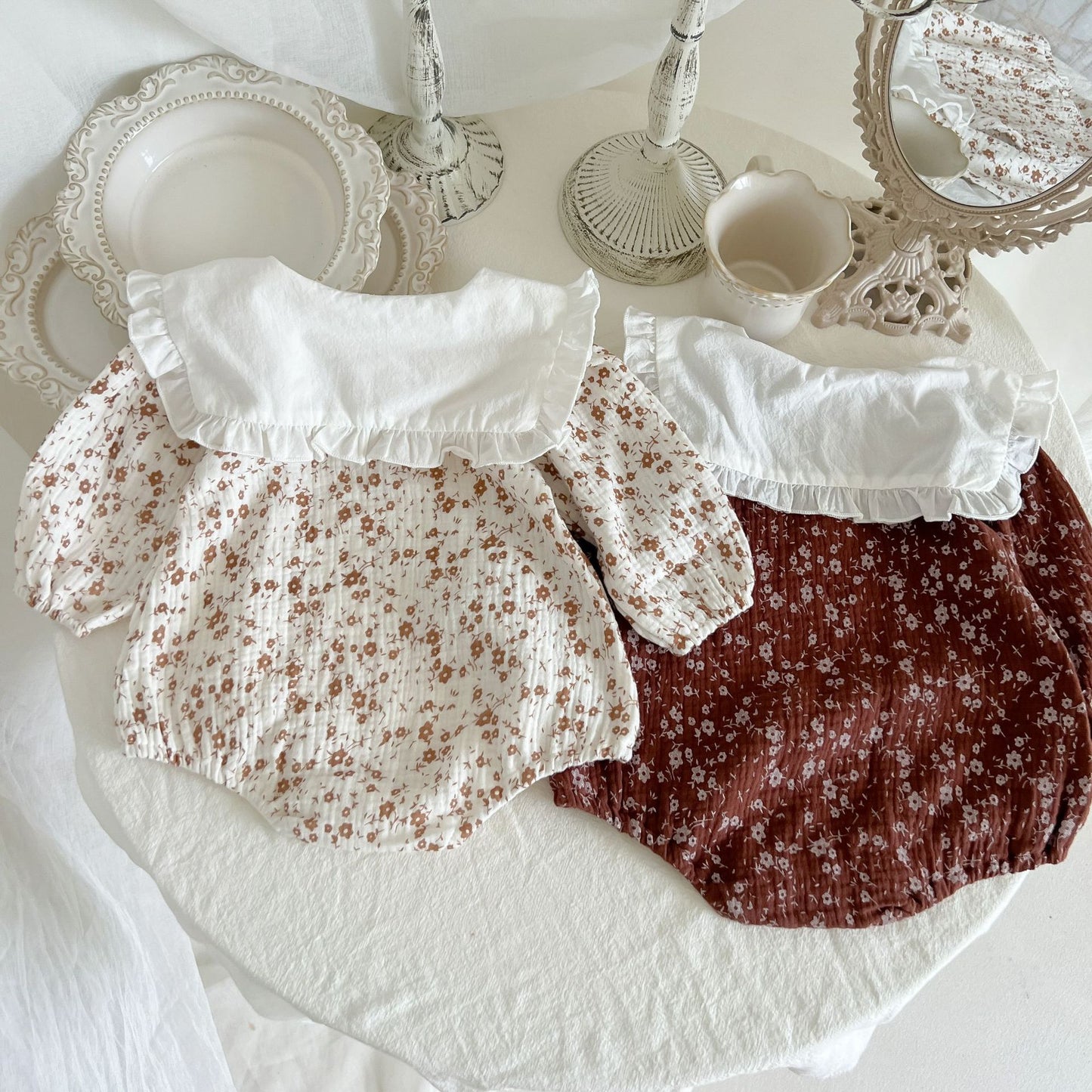 مجموعة اروين   ARWEN & AJH GROUP Western-style Baby Autumn Clothes Girls Cotton Double-layer Yarn Floral Wrapping Clothes Romper Baby Rompers Hundred-day Banquet Clothes