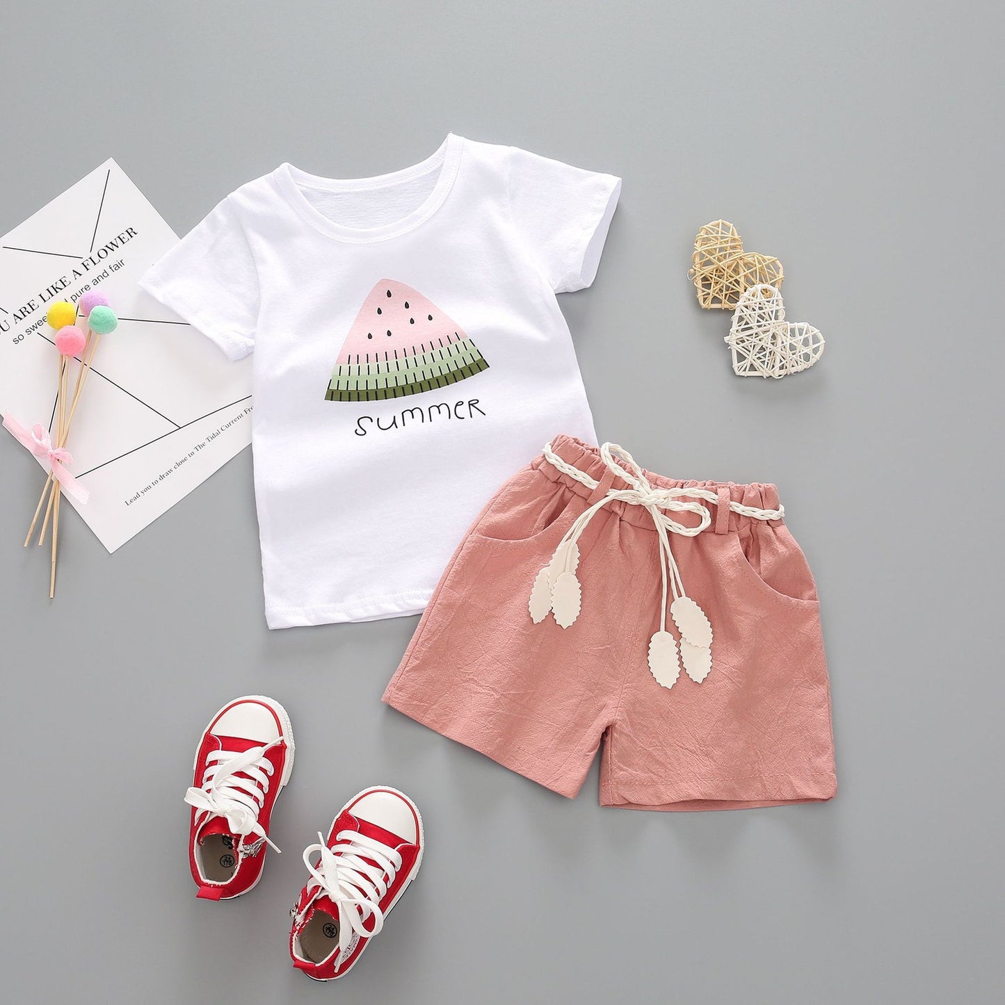 مجموعة اروين   ARWEN & AJH GROUP Summer Foreign Trade New Girls Crew Neck Short Sleeve Suit Female Baby Casual Shorts Two-piece set