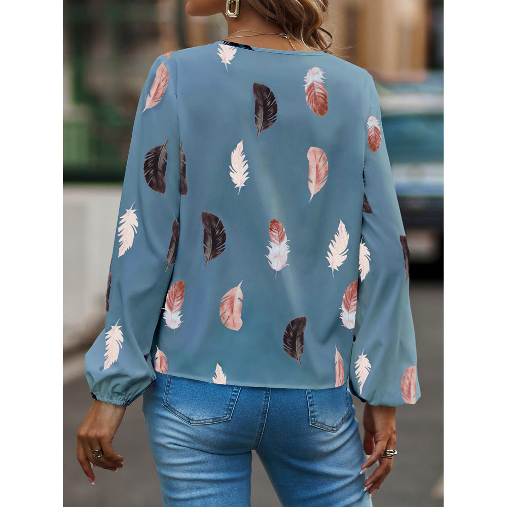 مجموعة اروين التجارية arwen&ajh group New Cross-border Amazon European And American Women&  V-neck Feather Printing Long Sleeve Loose T-shirt Women  Top