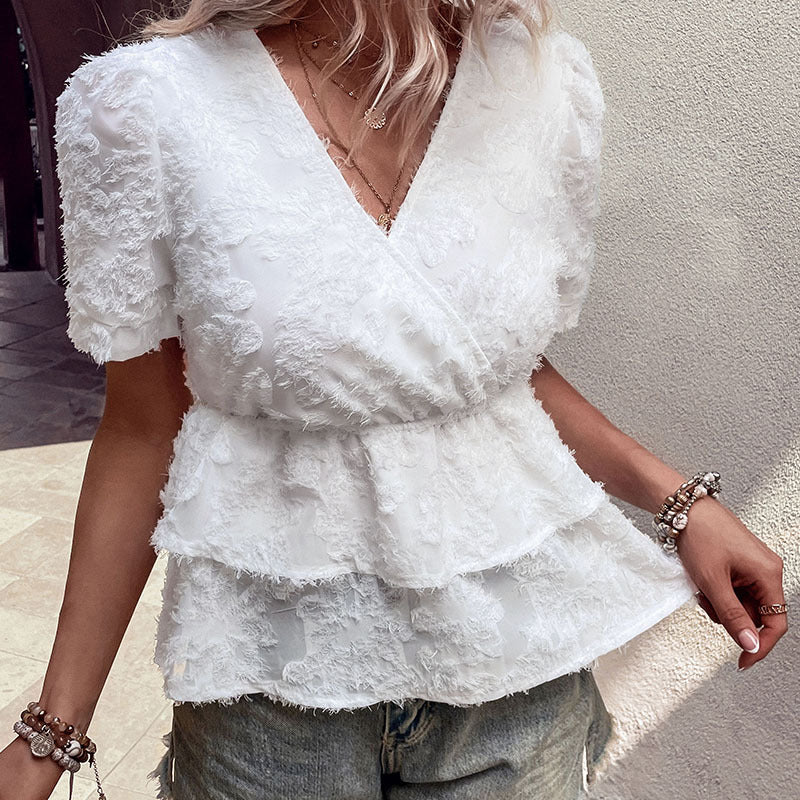 مجموعة اروين التجارية arwen&ajh group Amazon Independent Station Foreign Trade 2024 Summer New European And American Cross-border Women&#039;s Wear Design White Short-sleeved Shirt For Women