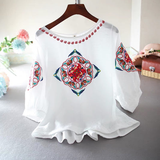 مجموعة اروين التجارية arwen&ajh group  Retro Cotton Linen Embroidered Summer Casual Top With Sleeves