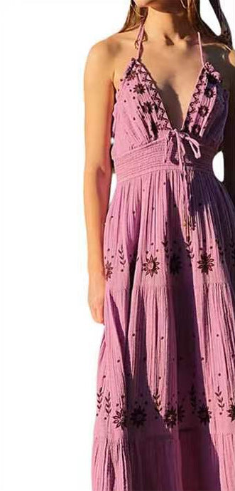 ARWEN&AJH GROUP مجموعة أروين 2024 Amazon   European And American Summer New V-neck Sleeveless Waist Embroidered Printed Dress Sexy Backless Dress