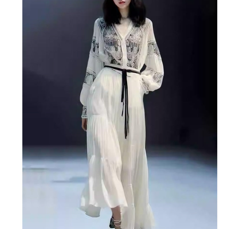 ARWEN&AJH GROUP مجموعة أروين 2024 French Temperament High-end Exquisite Artistic Retro Luxury Printing Cold White Dress Summer New