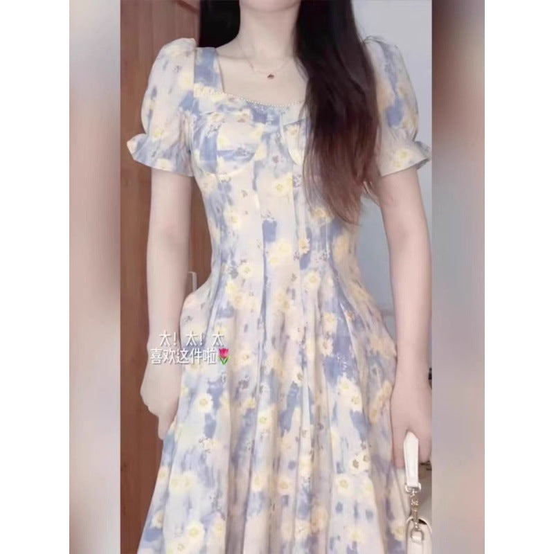 ARWEN&AJH GROUP مجموعة أروين 2024 Tea Break French Floral Dress Women's Summer 2024 New Style Slim-Fit Slimming Elegant Long Dress