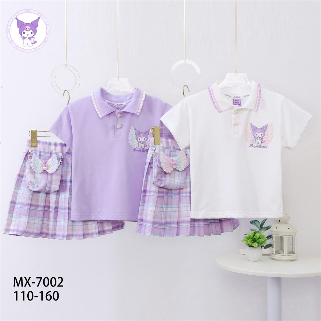 مجموعة اروين arwen&ajh group 2024 Summer Children's Short-sleeved Skirt Set For Girls Middle And Big Children's Kulomi Polo Lapel Top Plaid Skirt