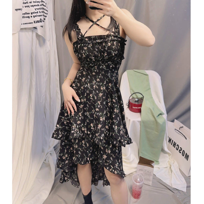 ARWEN&AJH GROUP مجموعة أروين 2024 Strap Skirt Square Collar Waist Slimming Irregular Design Dress 2024 Lace Strap Fashion Floral