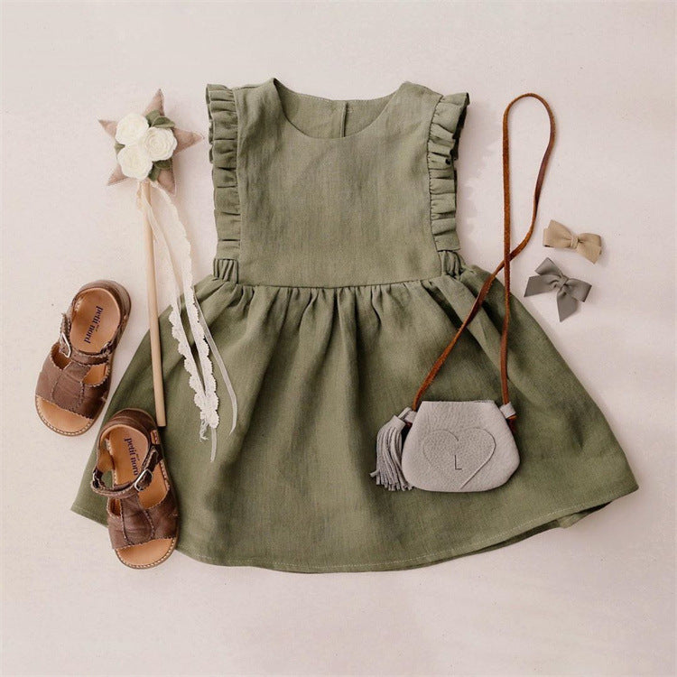 مجموعة اروين   ARWEN & AJH GROUP Girls Summer Dress Cotton Linen Sleeveless Vest Skirt Ins Hot Style Solid Color Apron Skirt Baby Clothes Girls Skirt